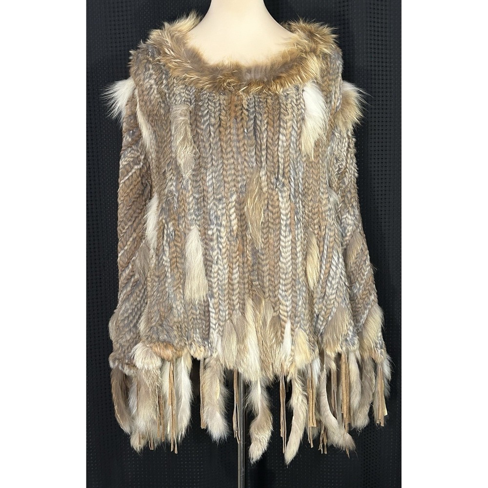 Womens 100% Real Rabbit Fur & Red Fox Fur Collar Warm Cape Pullover OS